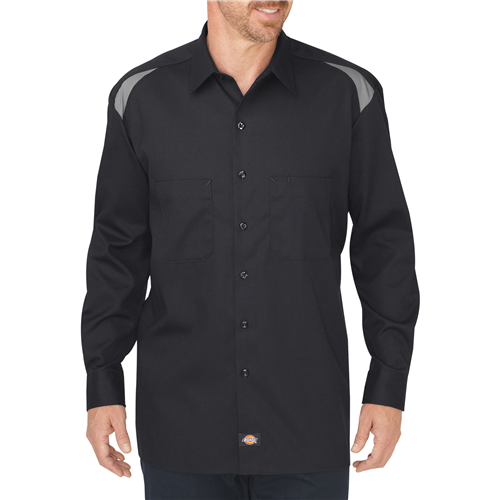 Dickies Performance Team Shirt in black, featuring color block shoulder, spacious fit, and durable flex fabric for work.