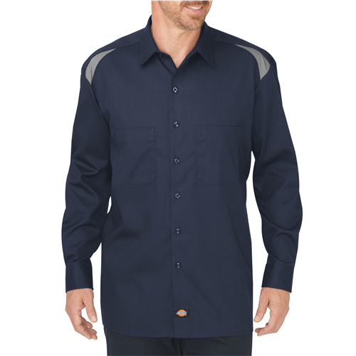 Dickies Performance Team Shirt in navy, featuring spacious fit and color block detail on shoulders, ideal for industrial work.