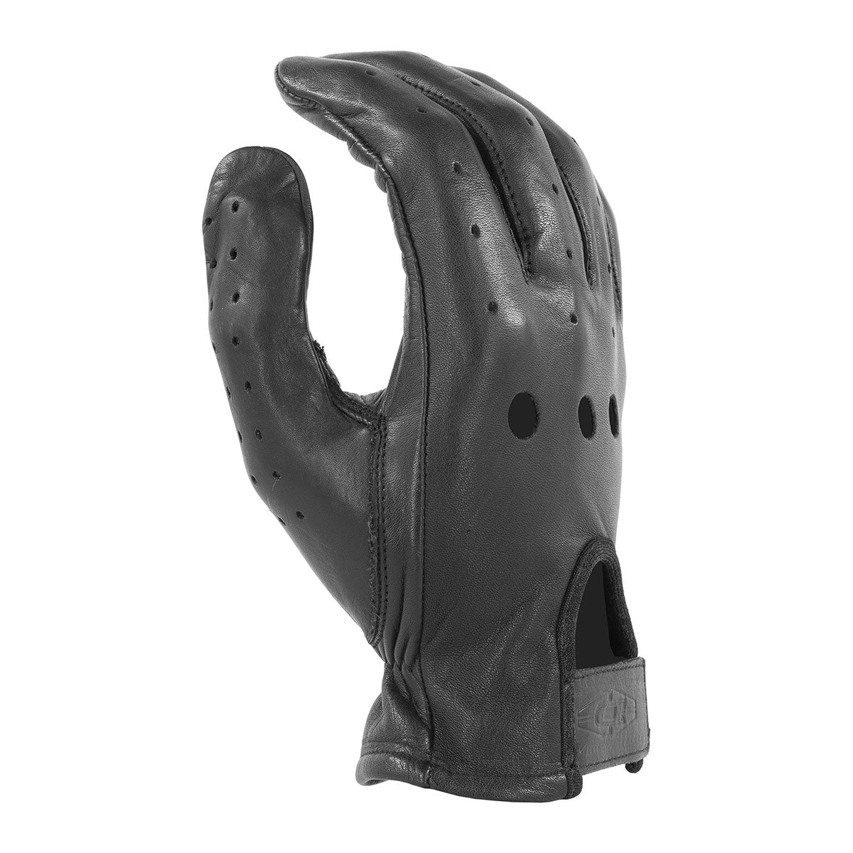 Black leather glove with cut-out design on a white background
