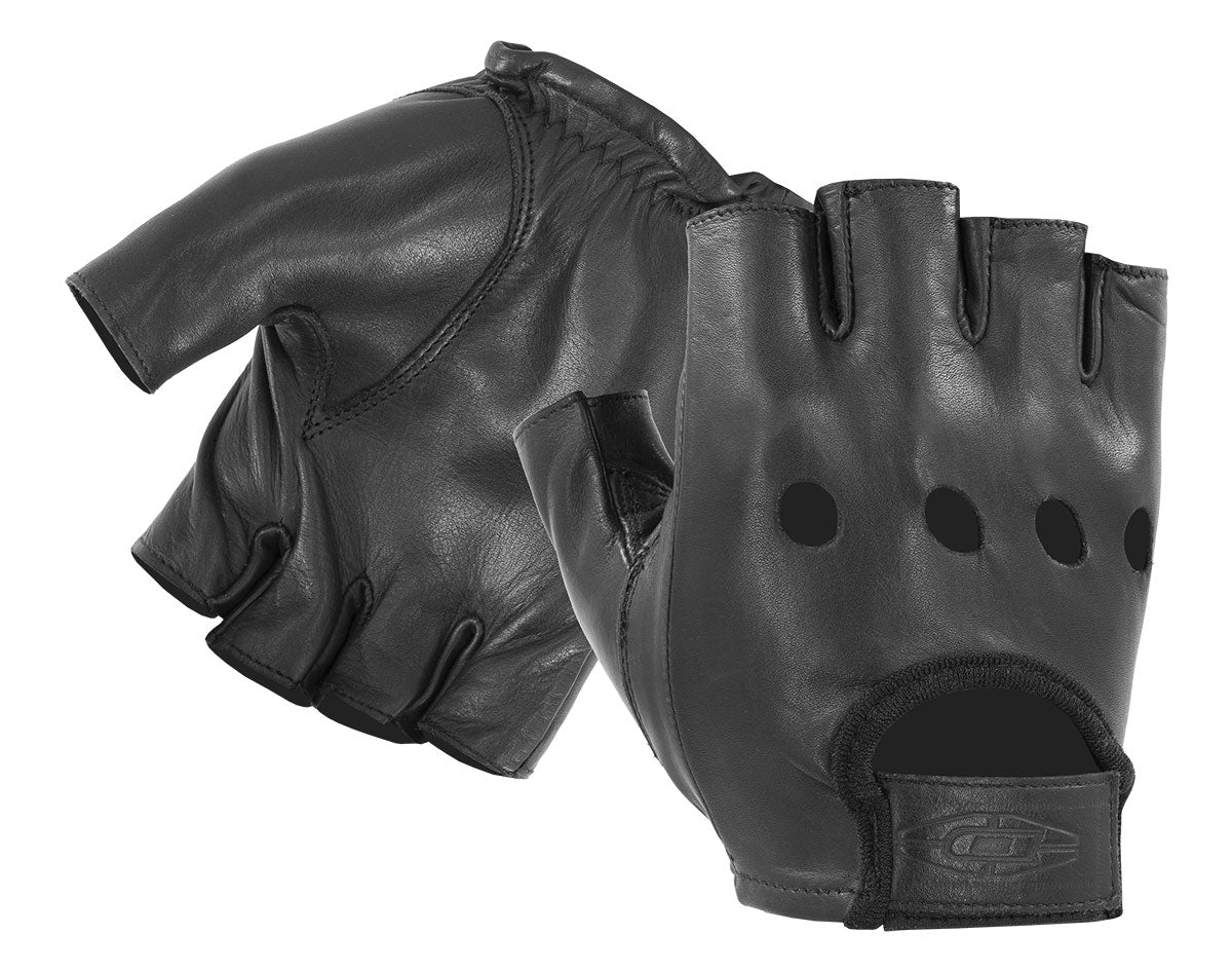 Pair of black leather gloves with fingerless design on a white background