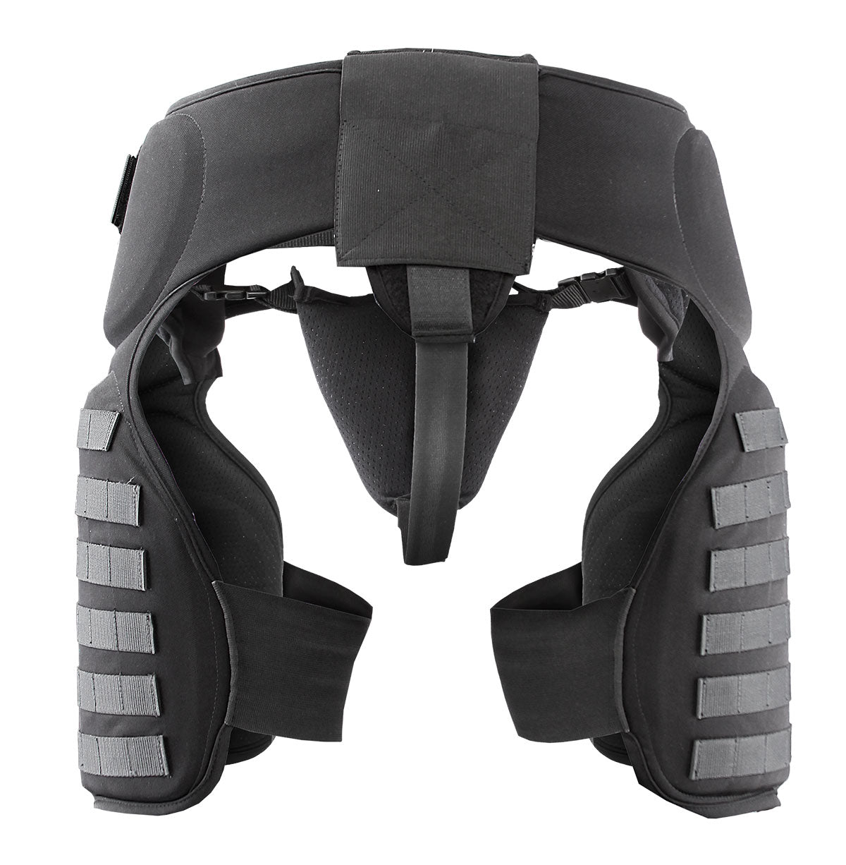 Black tactical vest with straps and padding on a white background