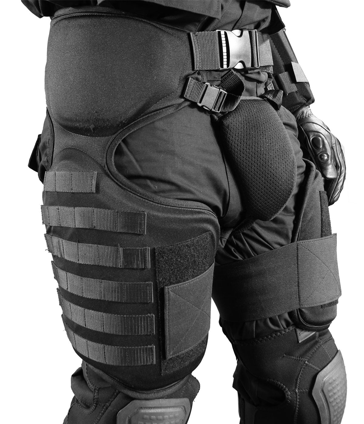 Black tactical pants with knee pads and belt on a white background