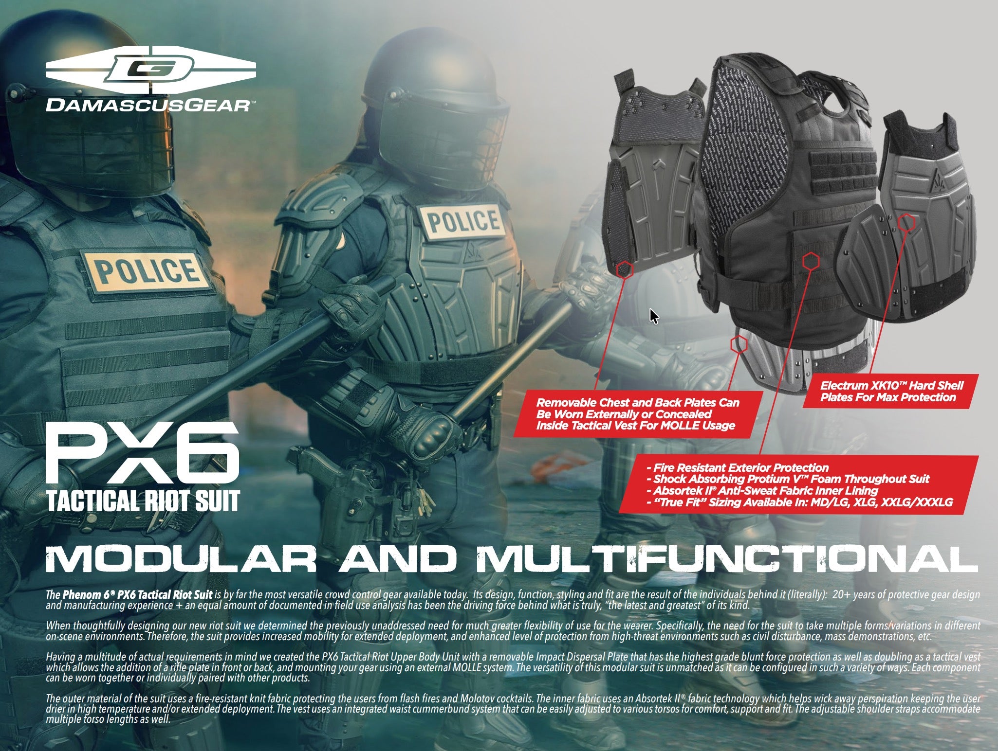 PX6 Tactical Riot Suit advertisement with police officers and product details.