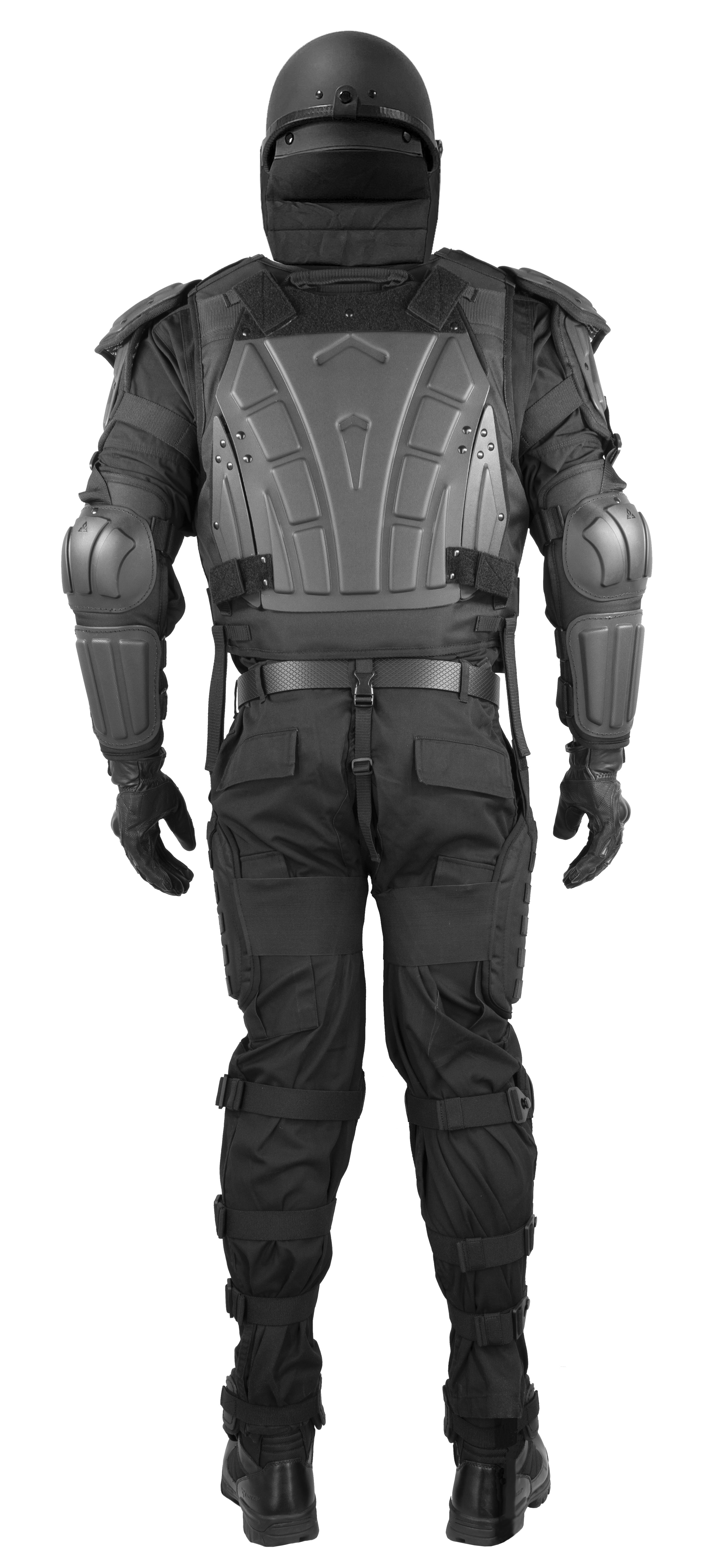 Full-body protective suit with helmet on a white background