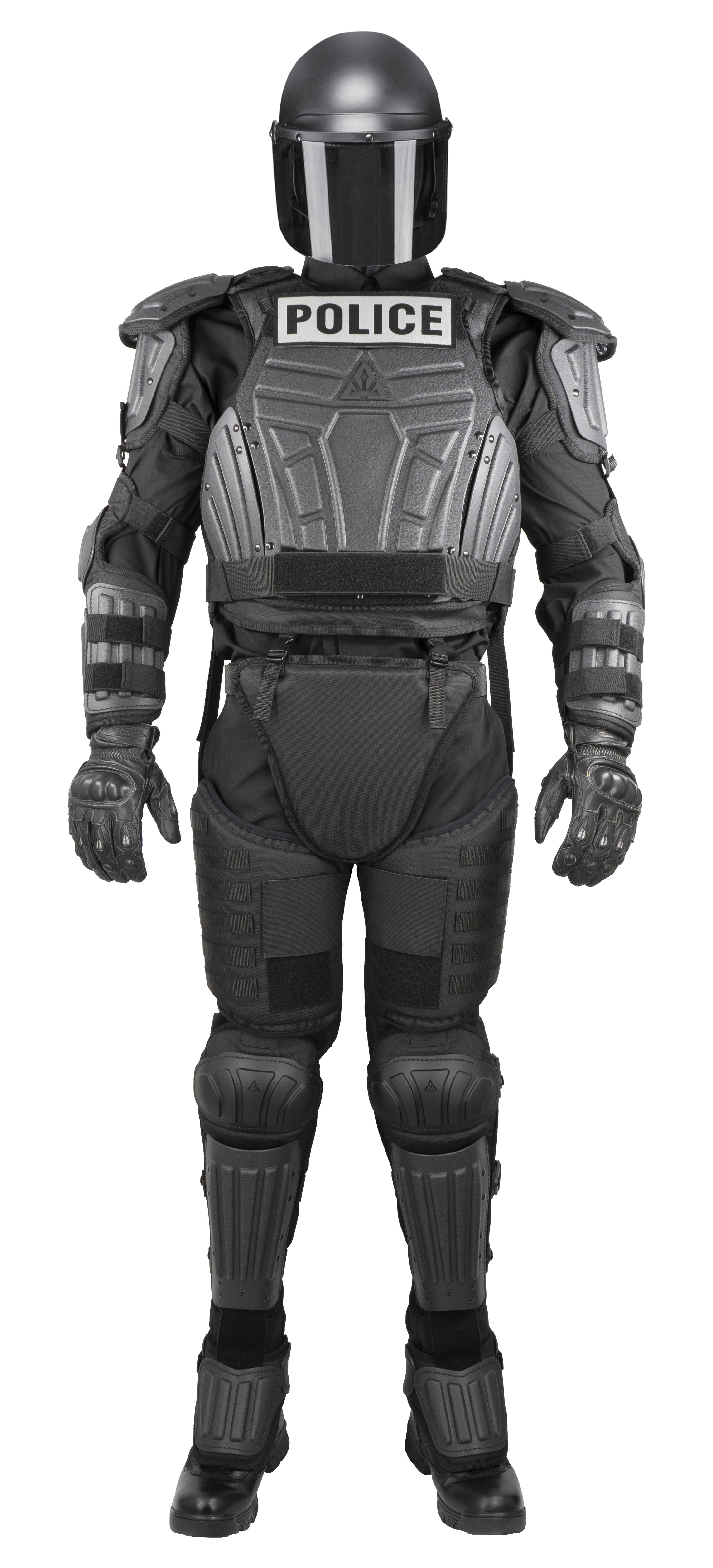 Black police riot gear suit on a white background