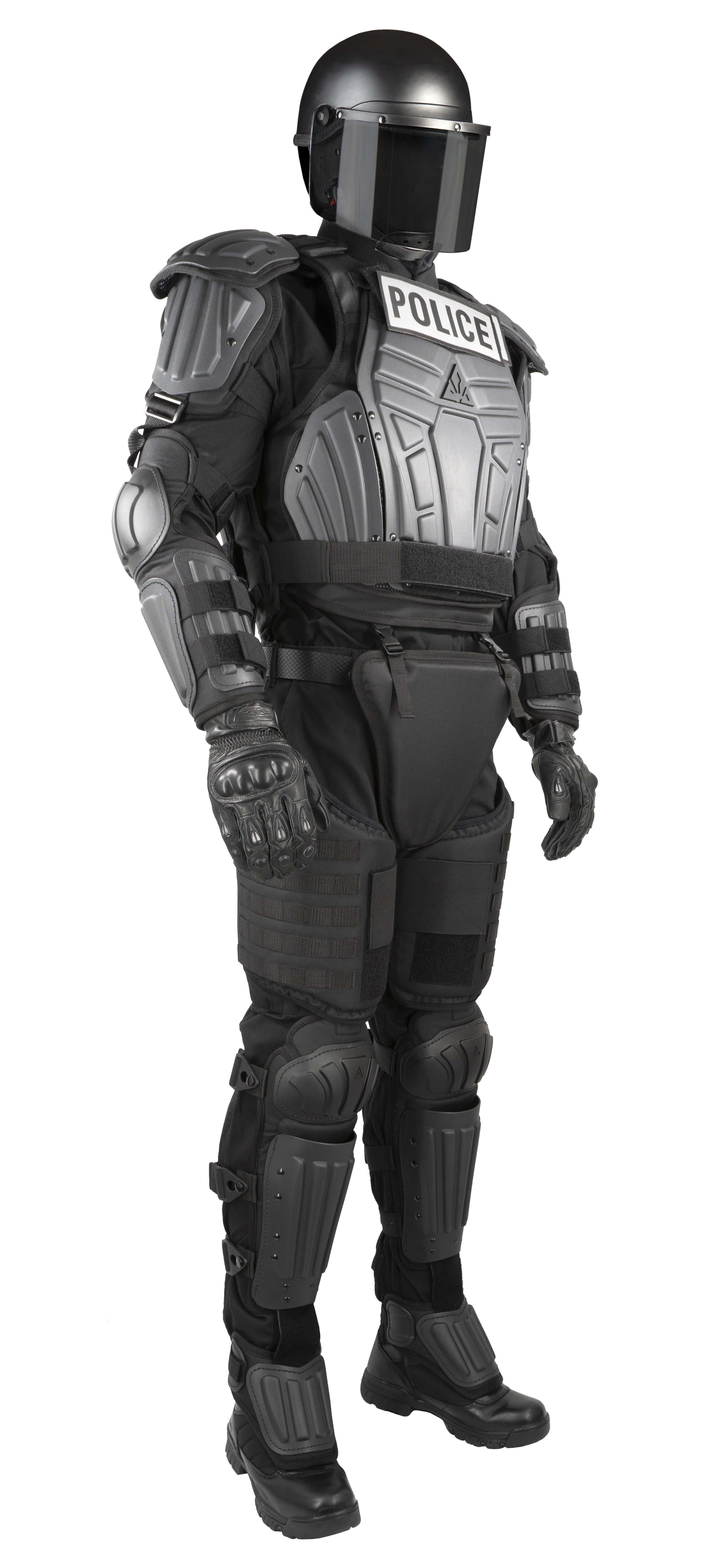 Black police riot gear suit with helmet on a white background