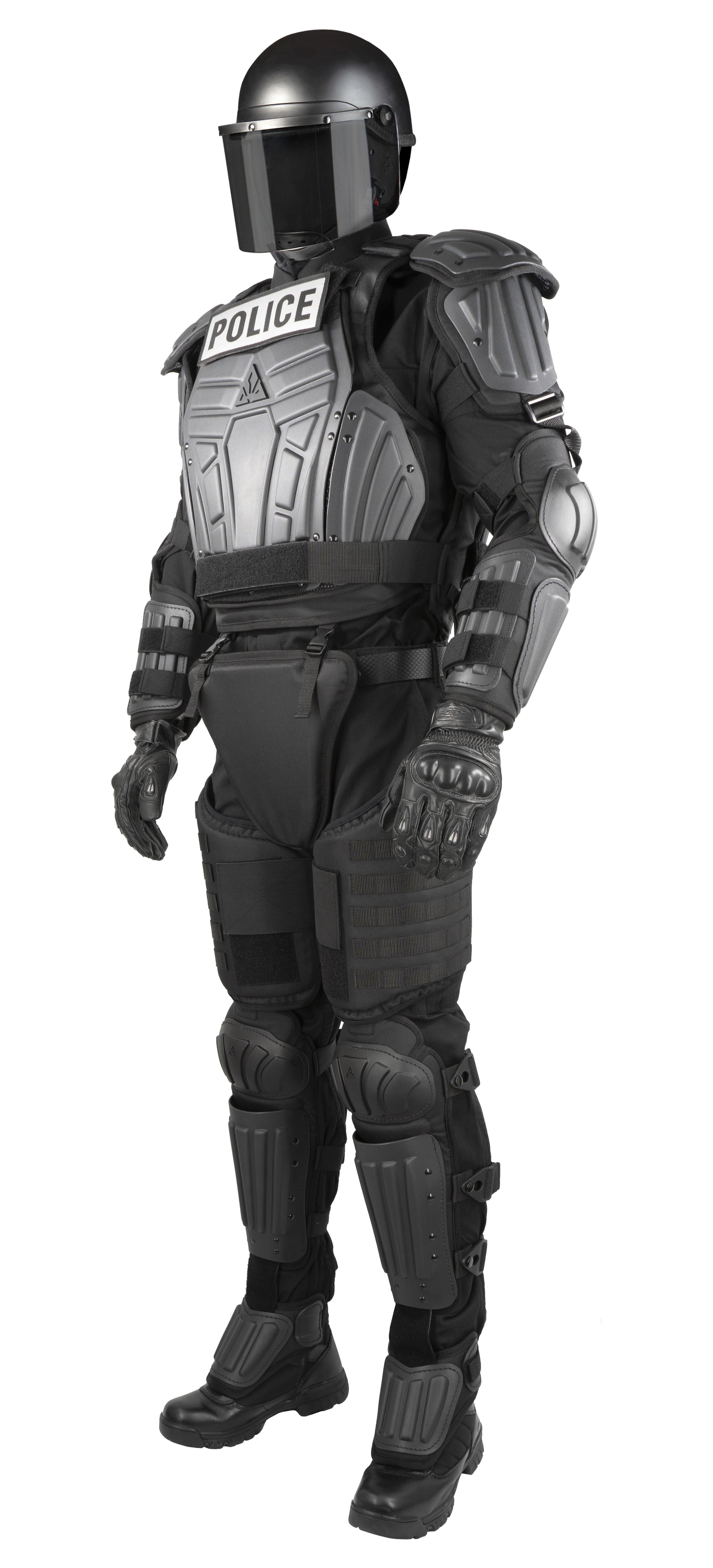 Black police riot gear suit on a white background