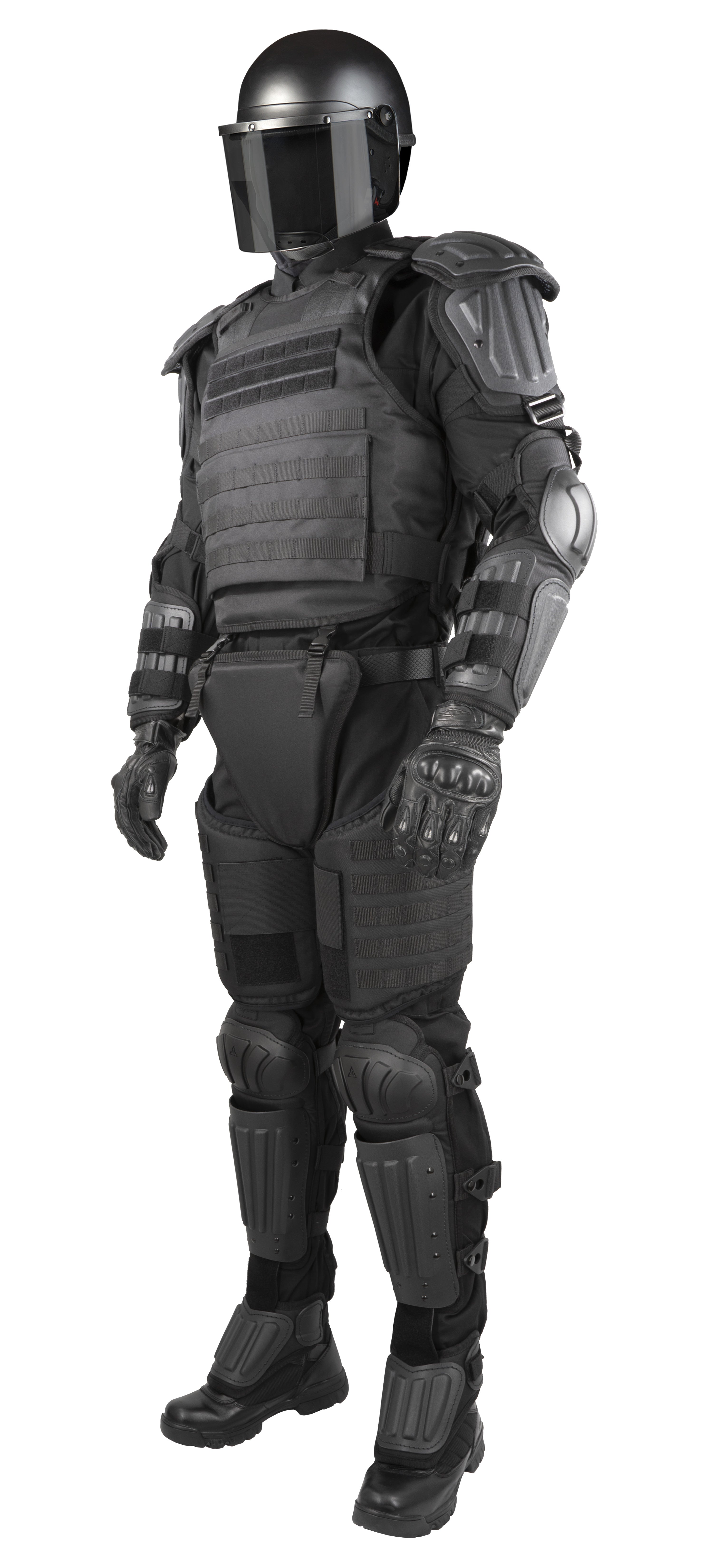 Full-body view of a black tactical suit with armor plates on a white background