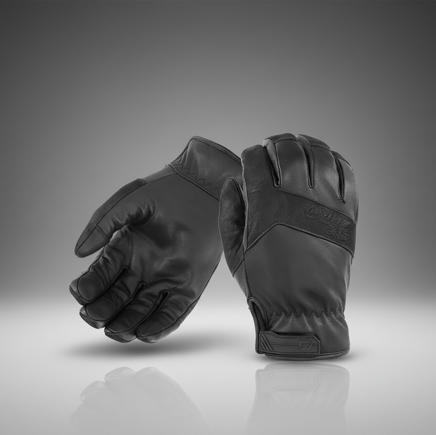 Pair of black leather gloves on a gray background