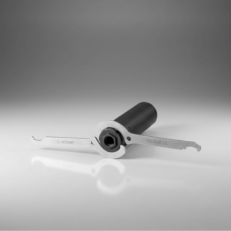 Dead Air Armament Enhanced Spanner Wrench Kit for Both R-Series and P-Series Mounting Adapters in use on a gray background