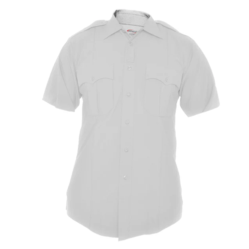 Elbeco CX360 MSS Navy short-sleeve uniform shirt, lightweight, wrinkle-resistant, with dual chest pockets.