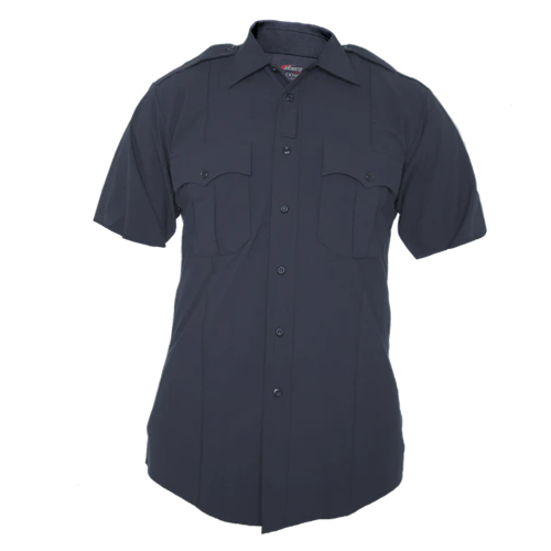 Elbeco CX360 MSS Navy short-sleeve performance shirt with wrinkle-resistant fabric and underarm vents.