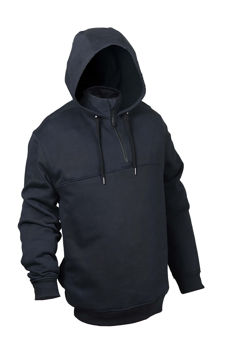 Elbeco Shield Hooded Job Shirt in Midnight Navy featuring a chin guard and spacious hand warmer pockets.