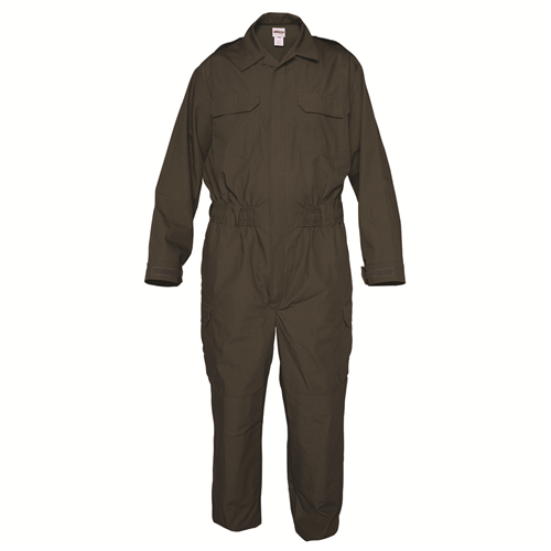 Elbeco Transcon CDCR Utility Jumpsuit OD Green 510LCG in OD green, featuring a convertible sports collar, chest pockets, cargo pockets, and a heavy-duty two-way zipper closure.