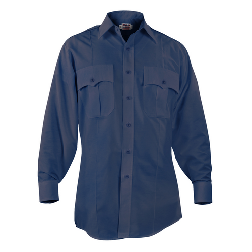 Elbeco Paragon Plus long sleeve shirt in navy blue with pleated pockets, stitched creases, and banded collar design.