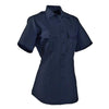 Elbeco Paragon Plus Poplin Short Sleeve Shirt in navy with pleated pockets and military-style creases.