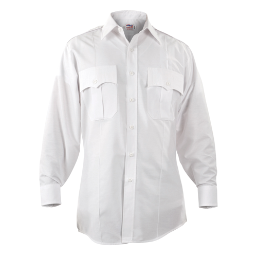 Elbeco Paragon Plus long sleeve shirt in white, featuring pleated pockets and a classic military style.