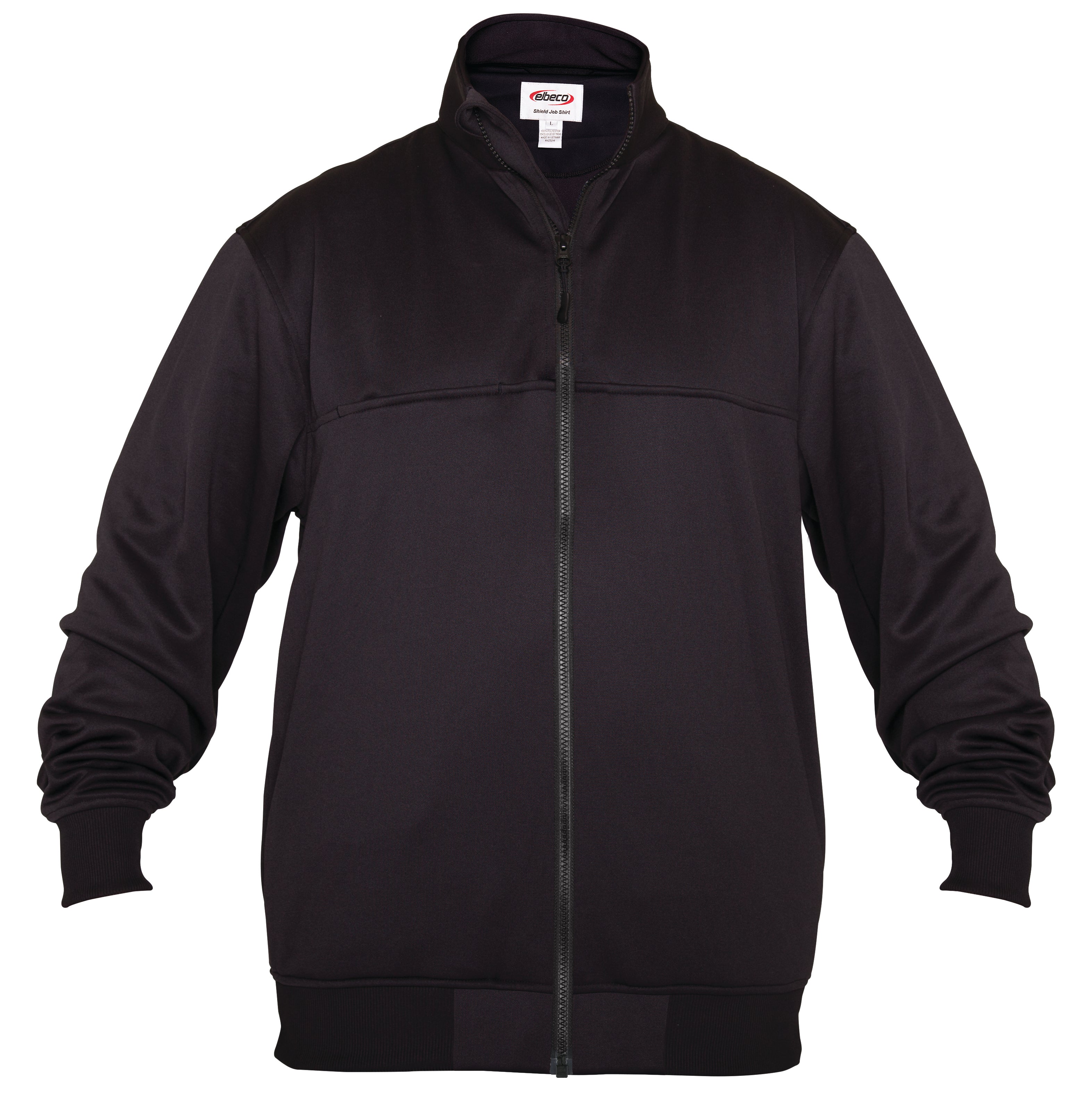 Elbeco Performance Job Shirt - Full Zip in black, featuring dual fleece-lined pockets and internal storage for essentials.