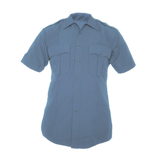 Elbeco Uniform Shirt in navy blue, featuring dual pockets and a concealed zipper for a classic military look.