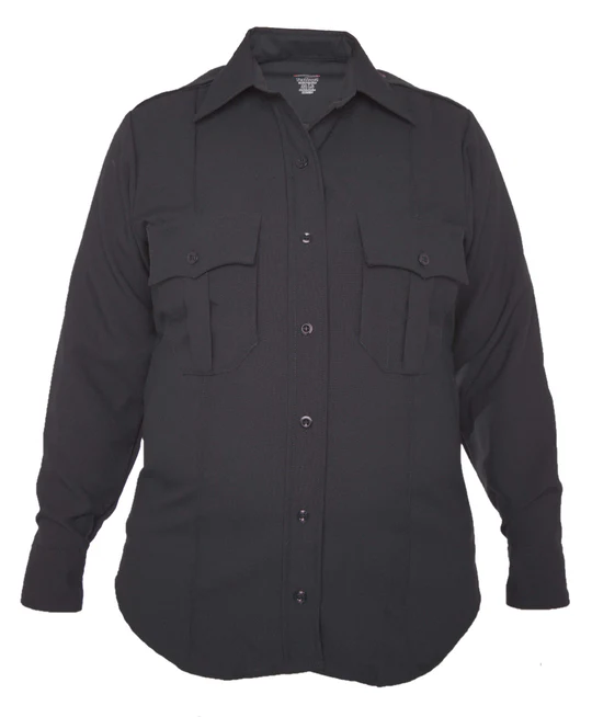 Elbeco Women's TexTrop2 Long Sleeve Shirt in black with pockets, designed for comfort and utility in professional settings.