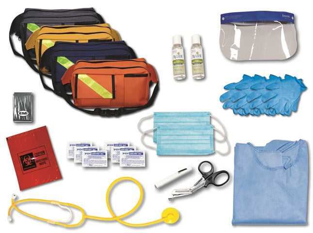 Essential emergency medical kit with fanny packs, masks, gloves, and protective gear for first responders.