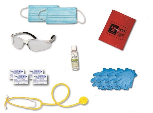Emergency medical response kit contents including masks, gloves, stethoscope, goggles, antiseptic, and biohazard bag.