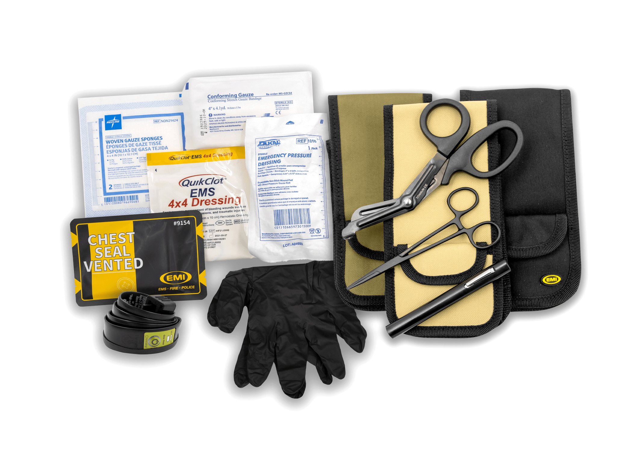 EMI Emergency Medical Quick Response Holster Set with medical supplies, gloves, scissors, and dressings for tactical emergencies.