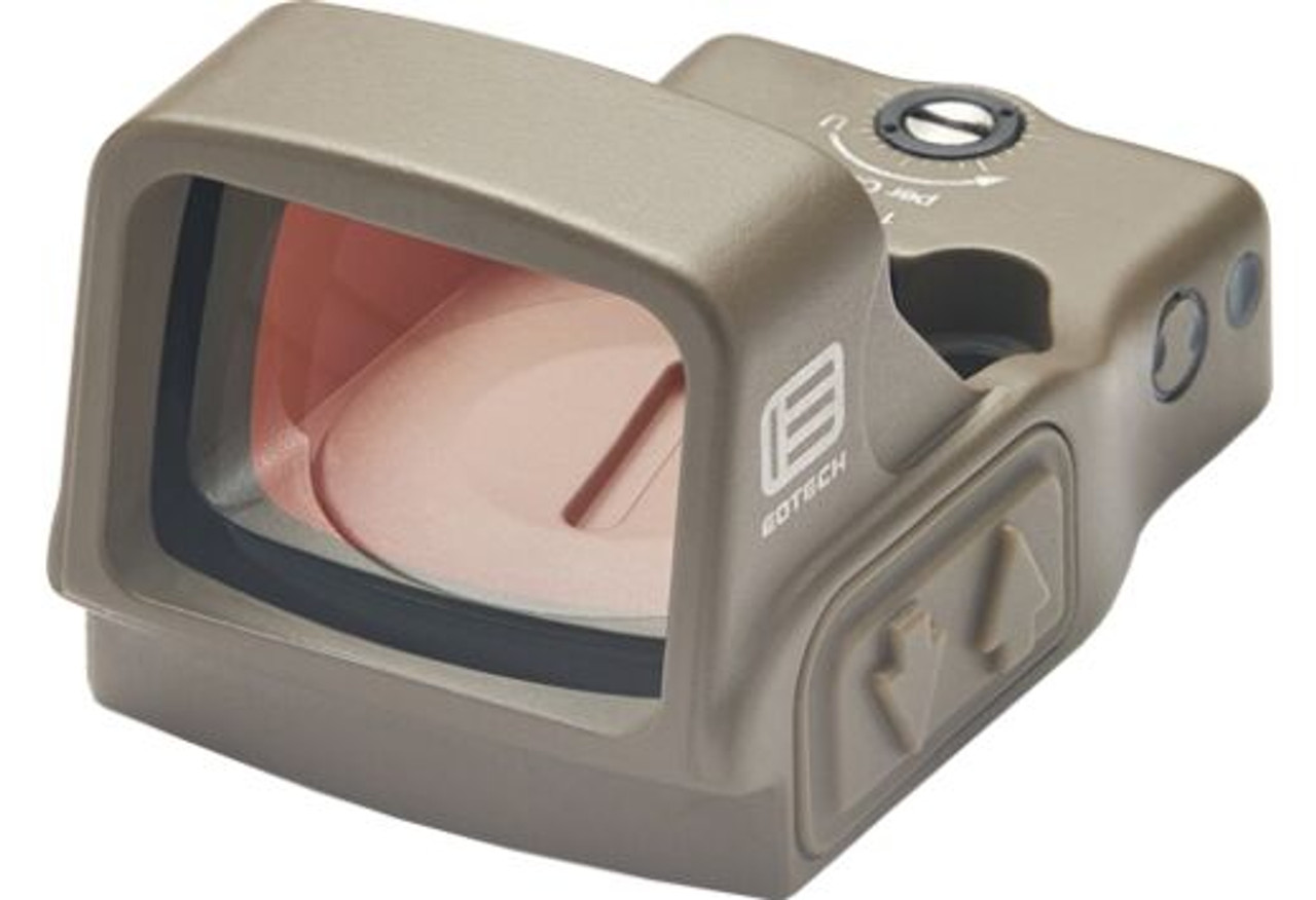 EOTech EFLX Mini Red Dot Sight in tan, featuring a wide viewing window and durable aluminum housing for precision shooting.