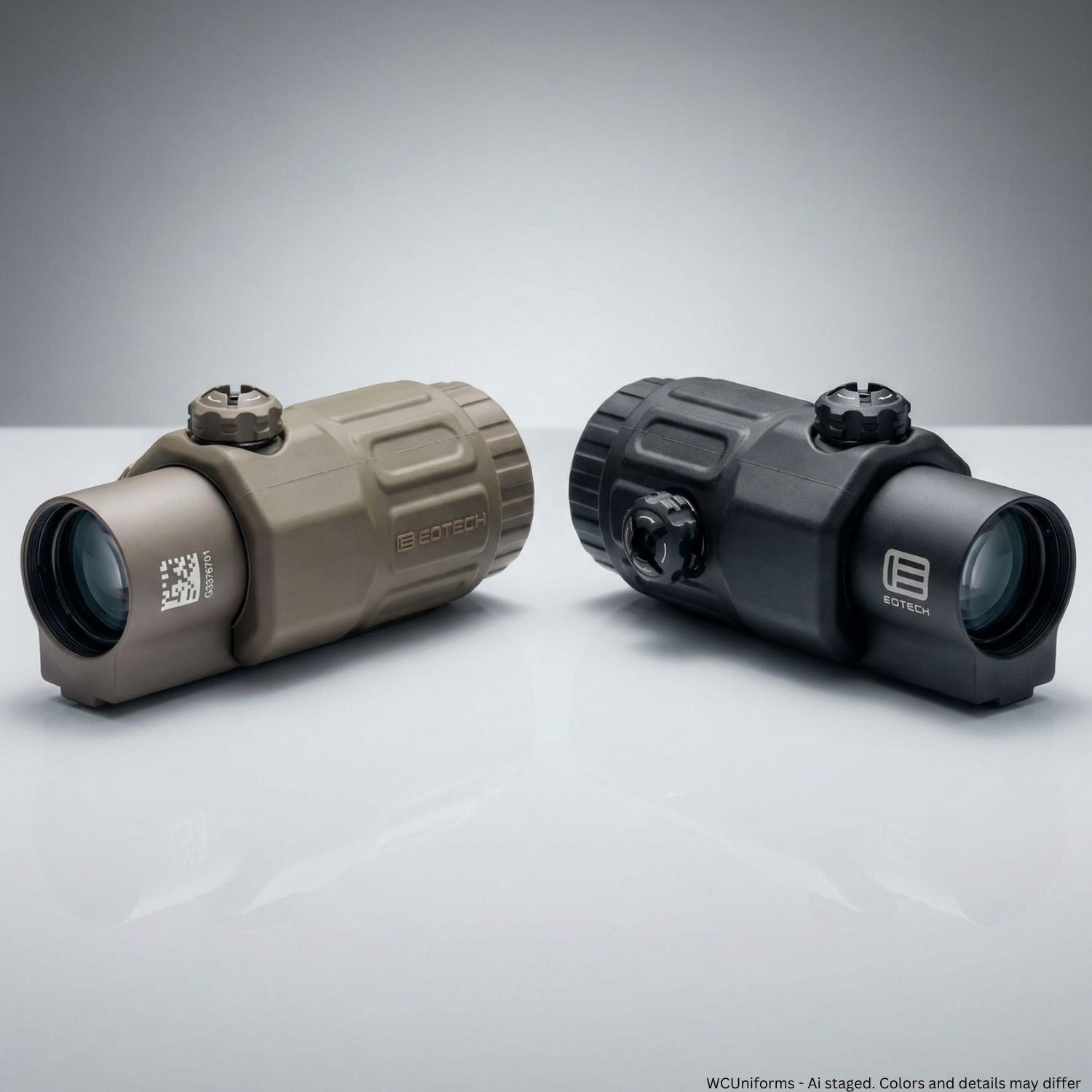 Two tactical scopes, one beige and one black, on a gray background.