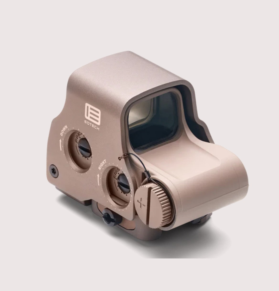 Tan holographic sight with EOTech logo on a light gray background