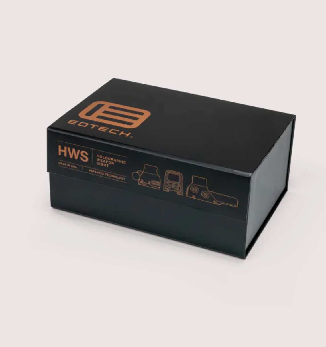 Black EOTech Model EXPS3 box with orange logo on a white background