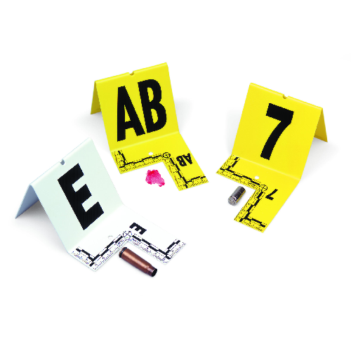 EVI-PAQ Cut-Out ID Tents in yellow and white, marking crime scene evidence with distinct numbers and metric reference scales.