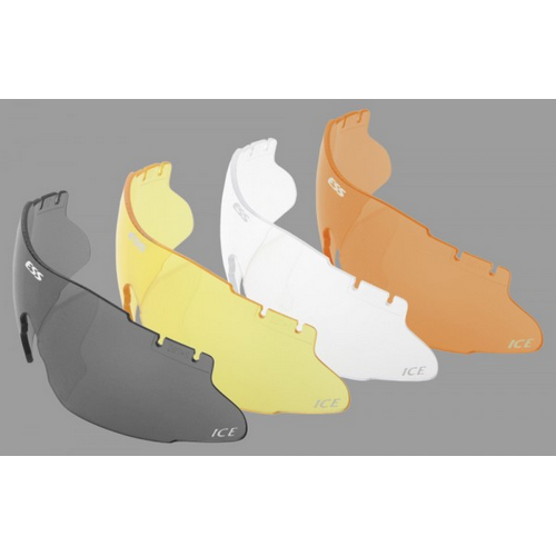 ESS ICE Replacement Lenses in gray, yellow, white, and orange, designed for quick interchangeability and versatility.