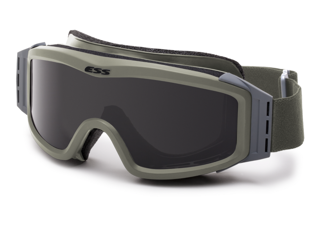 ESS Profile NVG tactical goggles featuring anti-fog and anti-scratch lenses in olive green design.