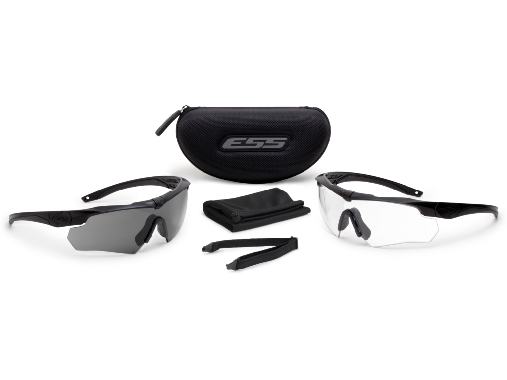 ESS Crossbow 2X Kit featuring Clear and Smoke Gray eyeshields, protective case, and lenses for optimal eye protection.