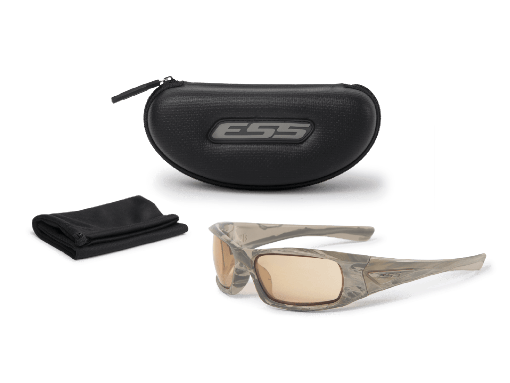 ESS 5B Sunglasses with protective case and cleaning cloth, designed for high-impact eye protection and comfort.