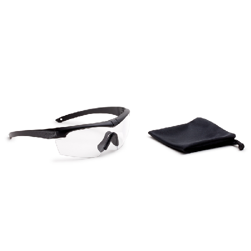ESS Crosshair ONE eyewear with clear lenses and a black storage pouch, offering advanced eye protection and comfort.