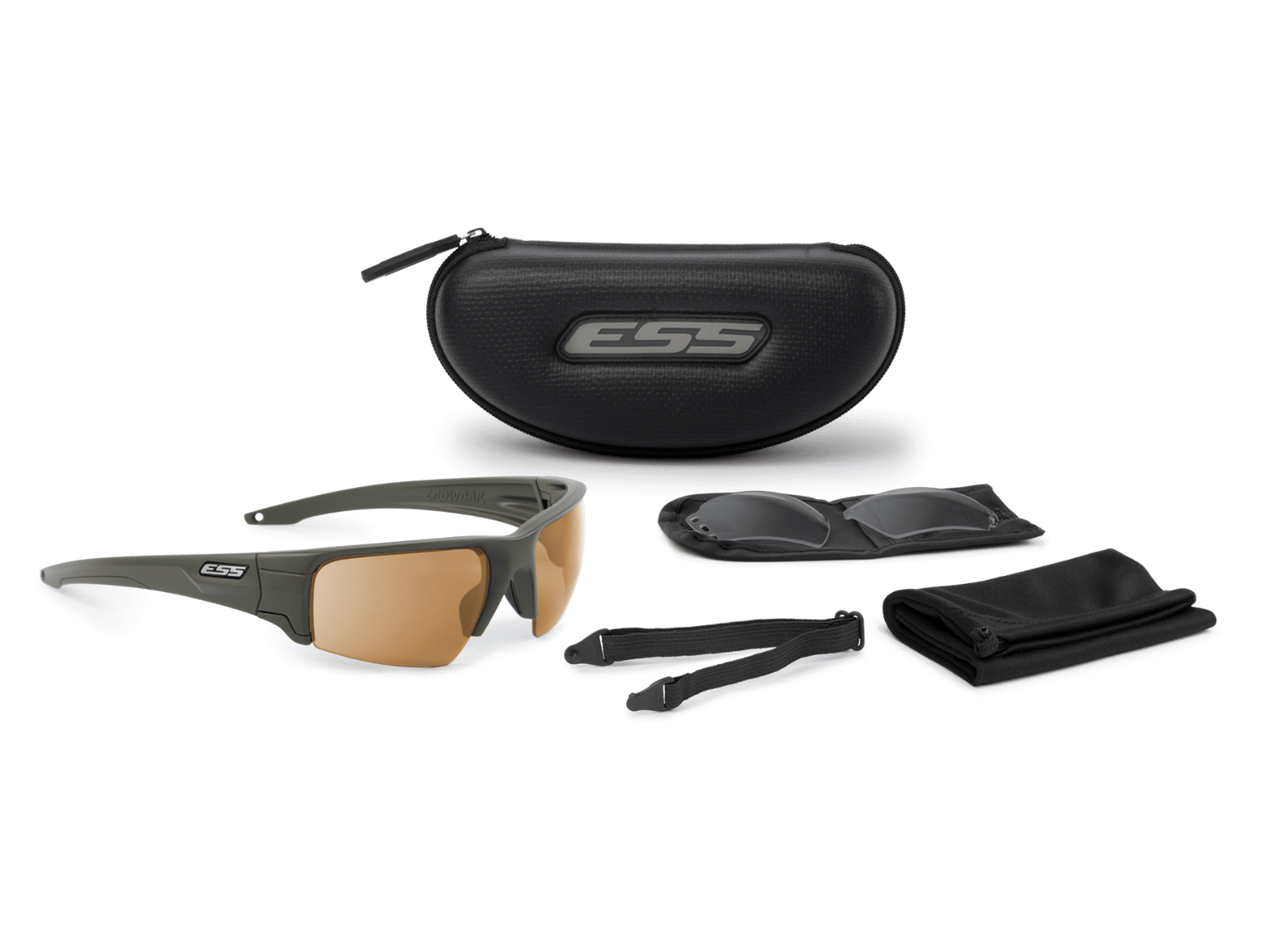 ESS Crowbar Tactical Sunglasses with interchangeable lenses and protective case, designed for durability and optical clarity.