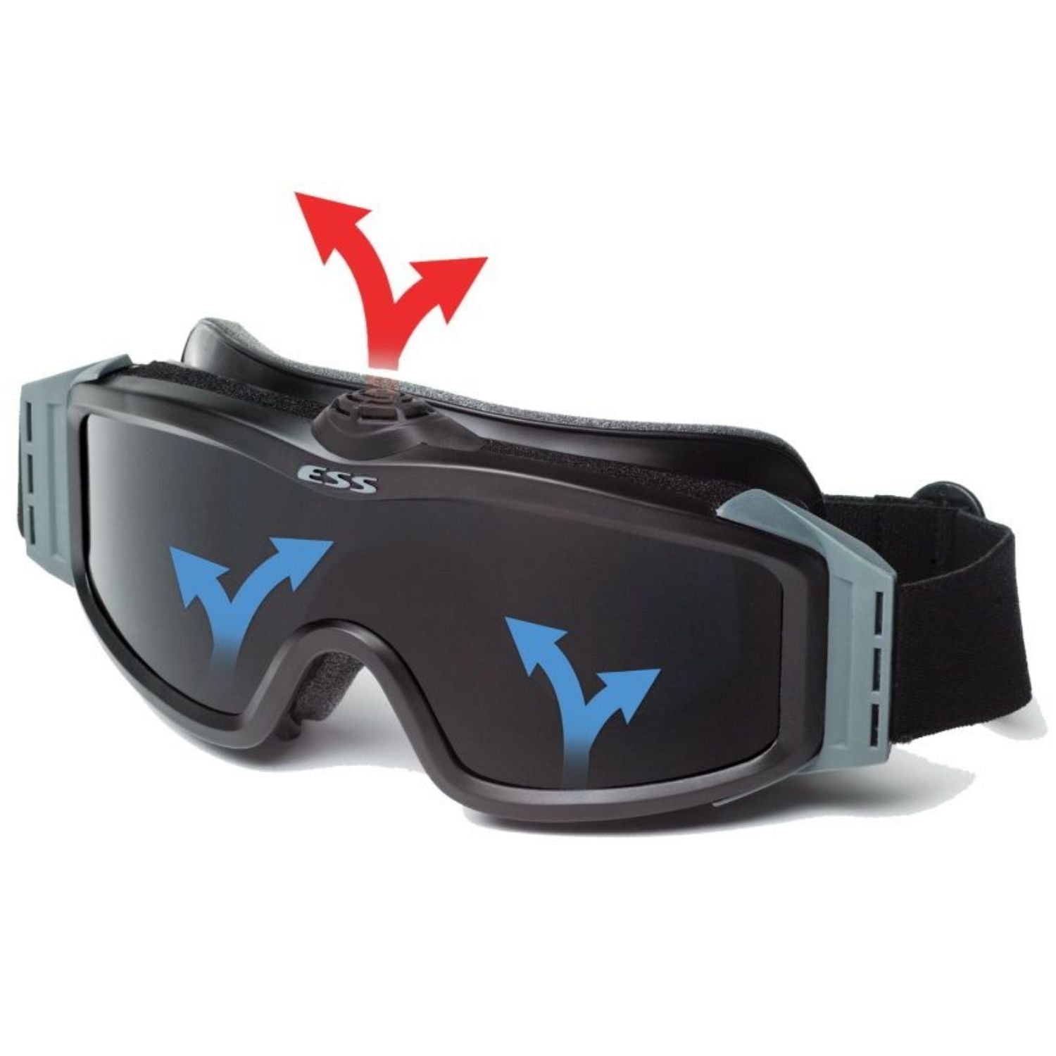 Black goggles with blue and red accents on a white background