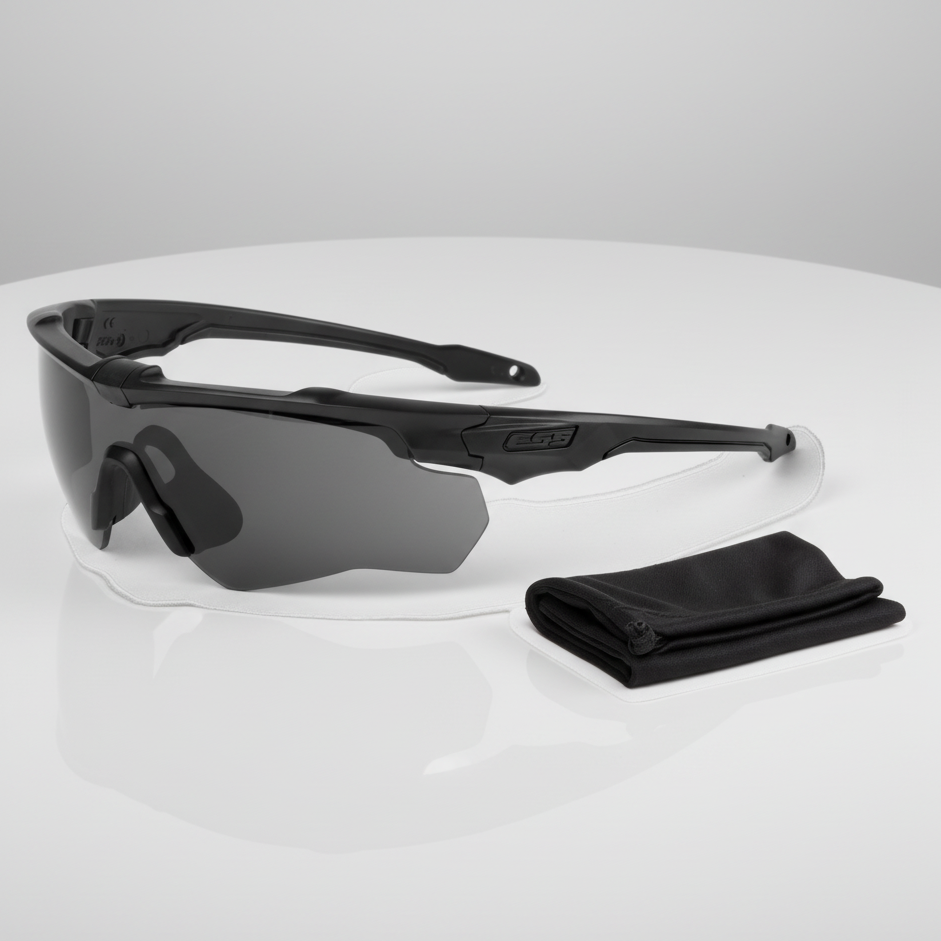 Black sunglasses with a cleaning cloth on a white surface