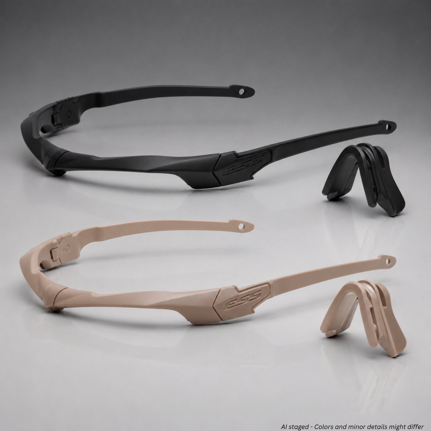 Black and beige eyeglass frames on a gray background