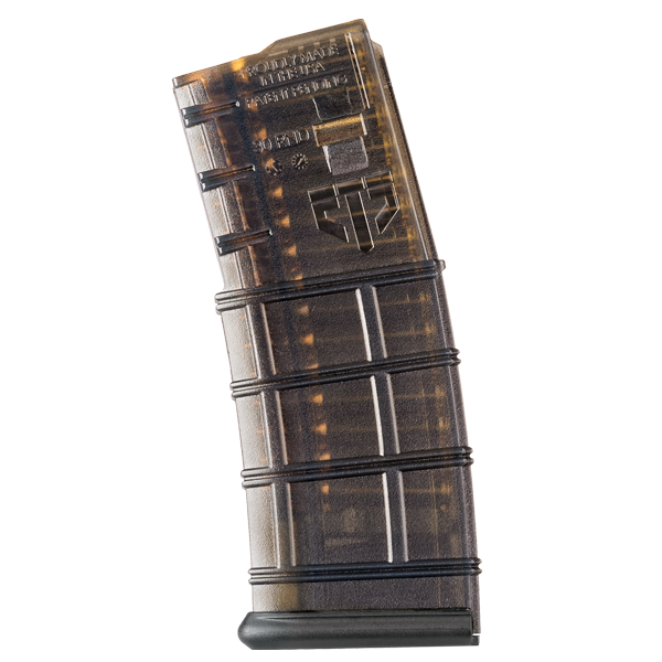 Elite Tactical Systems Carbon Smoke GEN 2 AR15 Mag showcasing extreme impact resistance and clear body for easy ammo visibility.