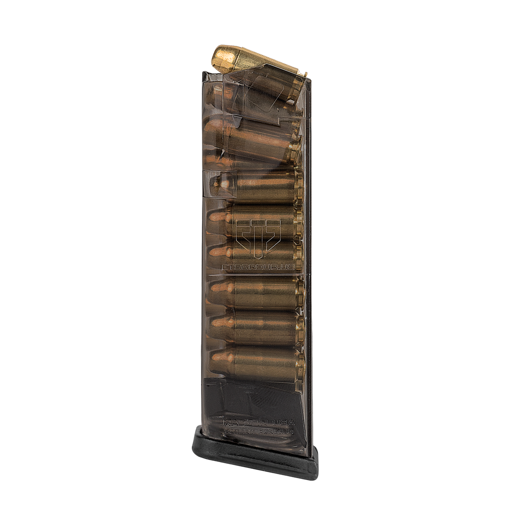 Elite Tactical Systems Carbon Smoke Magazine for Glock 22 showcasing clear body and stacked cartridges.