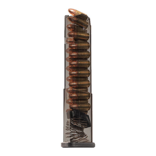 Elite Tactical Systems Carbon Smoke Mag for Glock 43X and 48 with clear body and enhanced features for reliability.