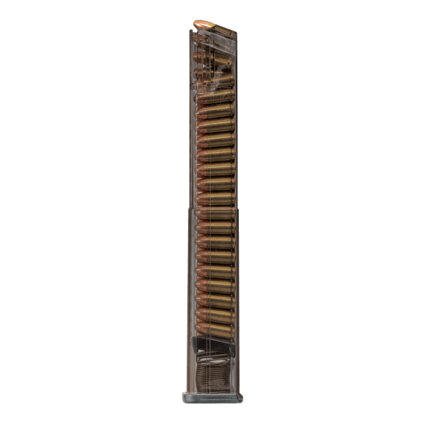 Elite Tactical Systems carbon smoke magazine for Sig P320, showcasing clear body and non-tilt followers with ammunition.