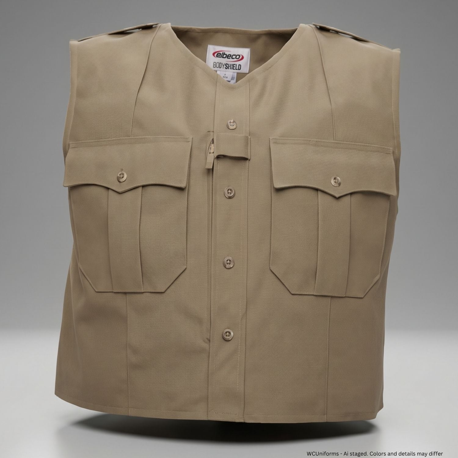 Tan vest with multiple pockets on a gray background