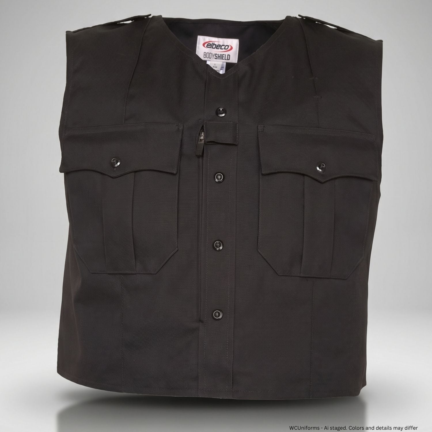Black vest with multiple pockets and buttons on a gray background