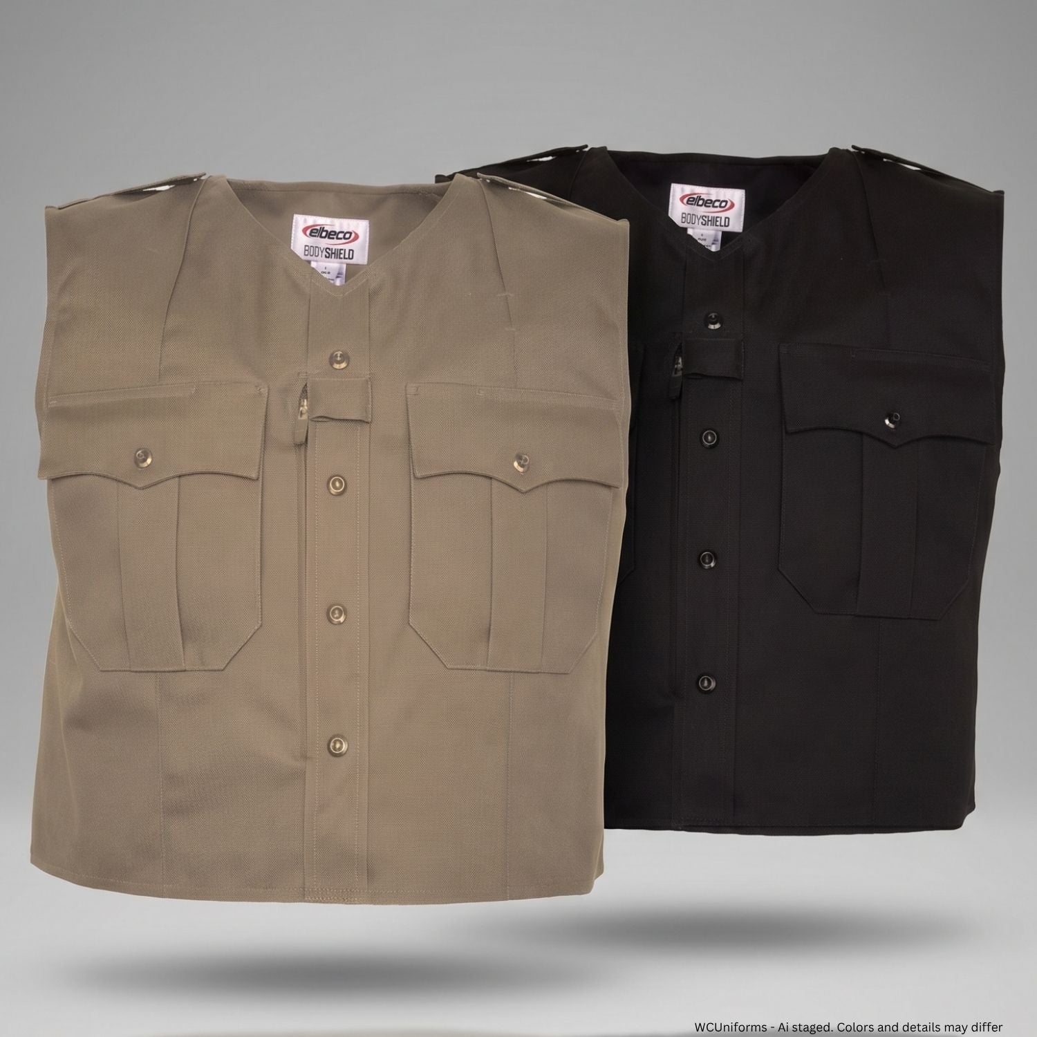 Tan and midnight navy vests with visible Elbeco branding on a gray background