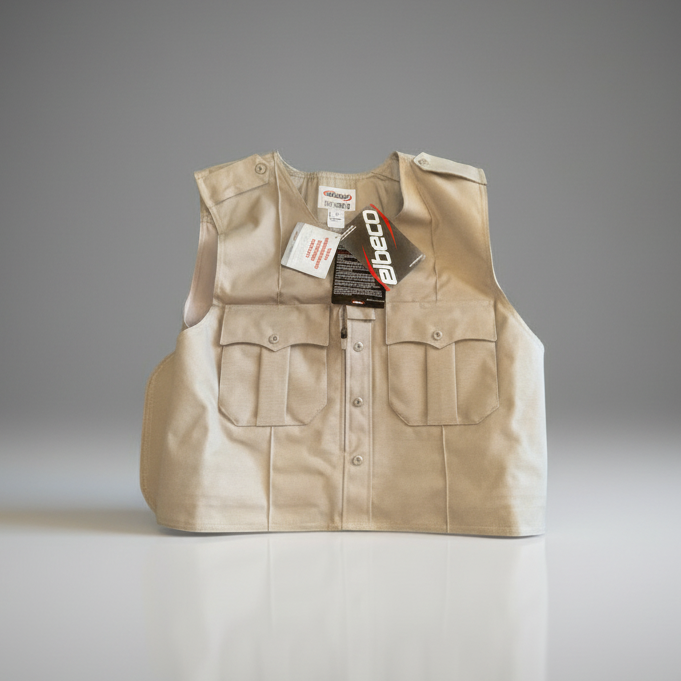 Beige vest with tags on a gray background