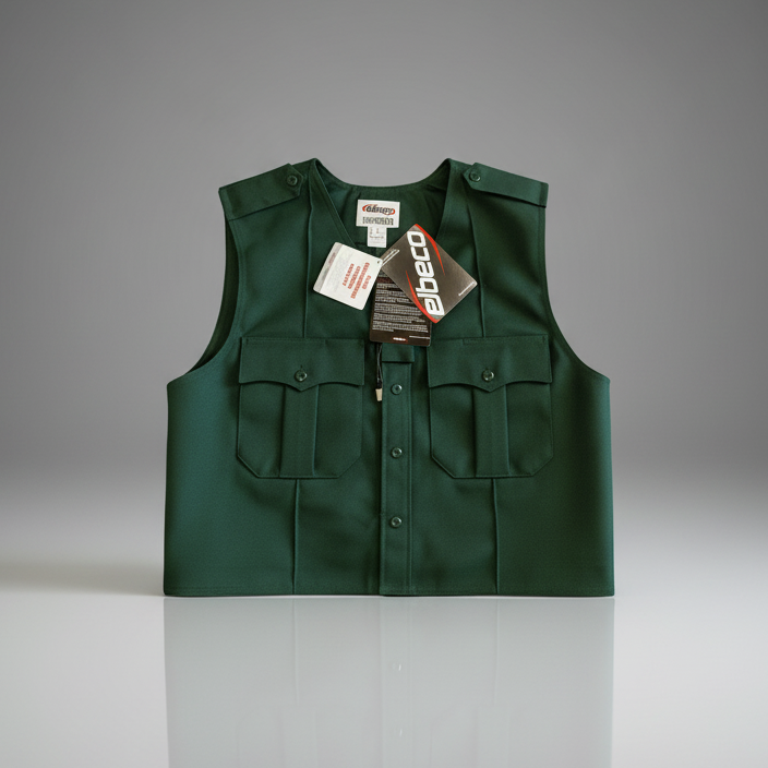 Green vest with tags on a gray background